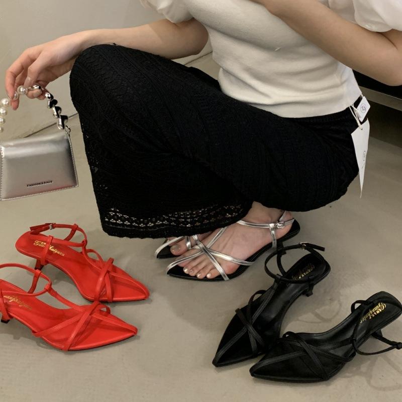 

Босоножки женские лето 2025 новые французские остроносые перекрестные на каблуке-рюмочке темперамент с юбкой туфли на высоком каблуке женские 39 арбуз красный