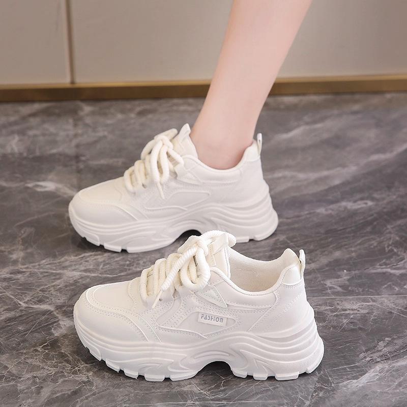 Platform Dad Shoes Women's Spring and Autumn New Leather Waterproof Sports Casual Shoes Dad Shoes