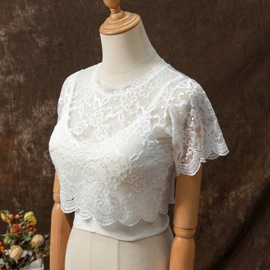 Falscher Kragen Spitze Einfarbig Durchsichtig Blumenstickerei Kurze Ärmel Unterteil Rundhals Schnelltrocknend Damen Basic Top Damenkleidung