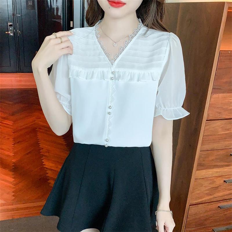 Women's Clothing Summer Fashion Ruffle Lace Patchwork Blouse Elegant Sweet Chic Shirt Casual Solid V Neck Short Sleeve Tops