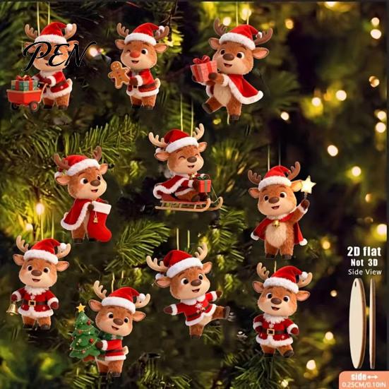 Christmas Tree Hanging Decorations Elk Ornaments, 2D Flat Wooden Cute Reindeer Decoration, Cartoon Holiday Ornaments for Home Deer Pendants