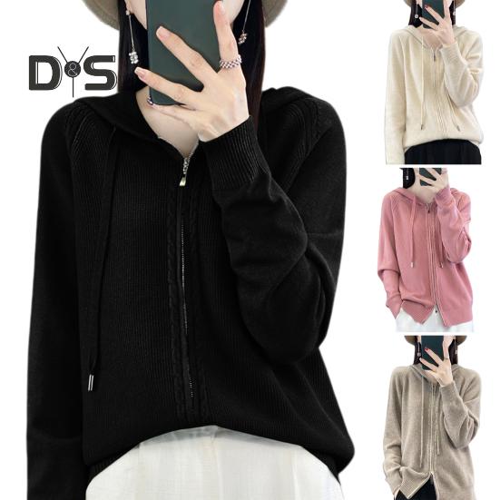 Women Sweater Coat Hooded Drawstring Long Sleeve Double Zippers Knitting Coat Solid Color Loose Fit Jacquard Outwear