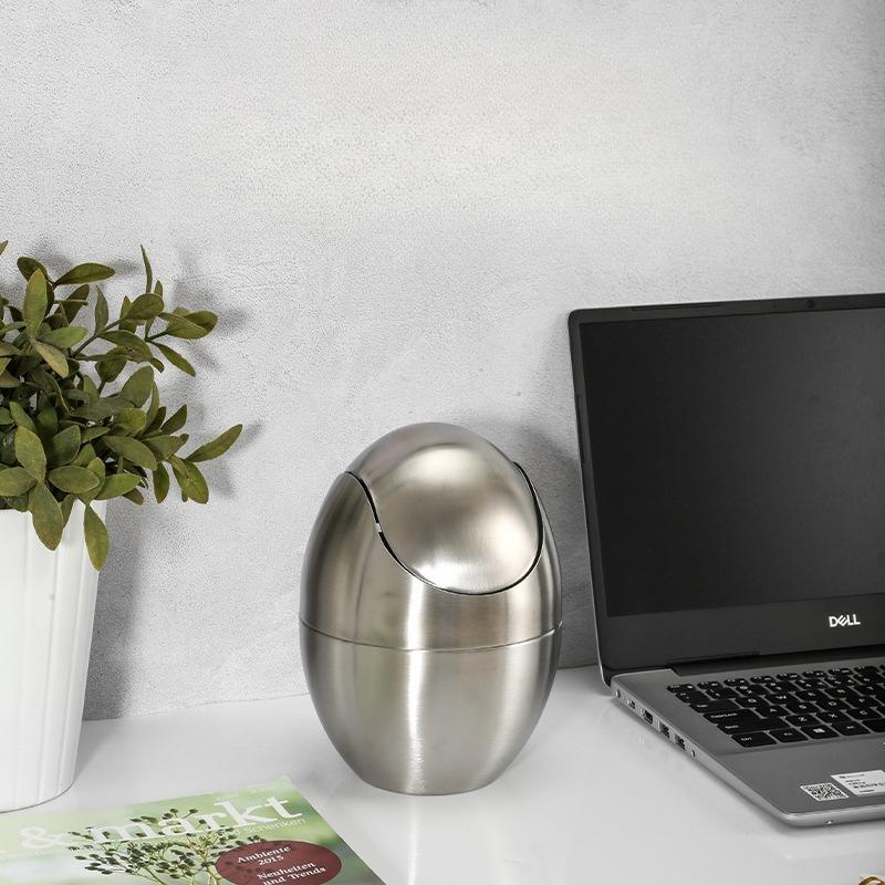 Wholesale Stainless Steel Household Trash Can with Lid Oval Shape Desktop Garbage Bin Luxury Paper Basket