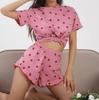 Sweet Heart Print Summer Pajamas Set: Soft, Short Sleeve, Round Neck, Two-Piece Casual Homewear for Women.