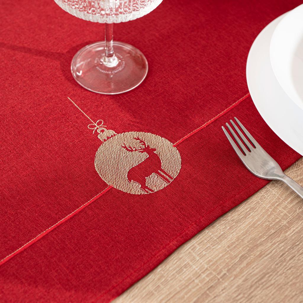 Shiny Reindeer Table Runner With Embroidery Red Christmas 50X100