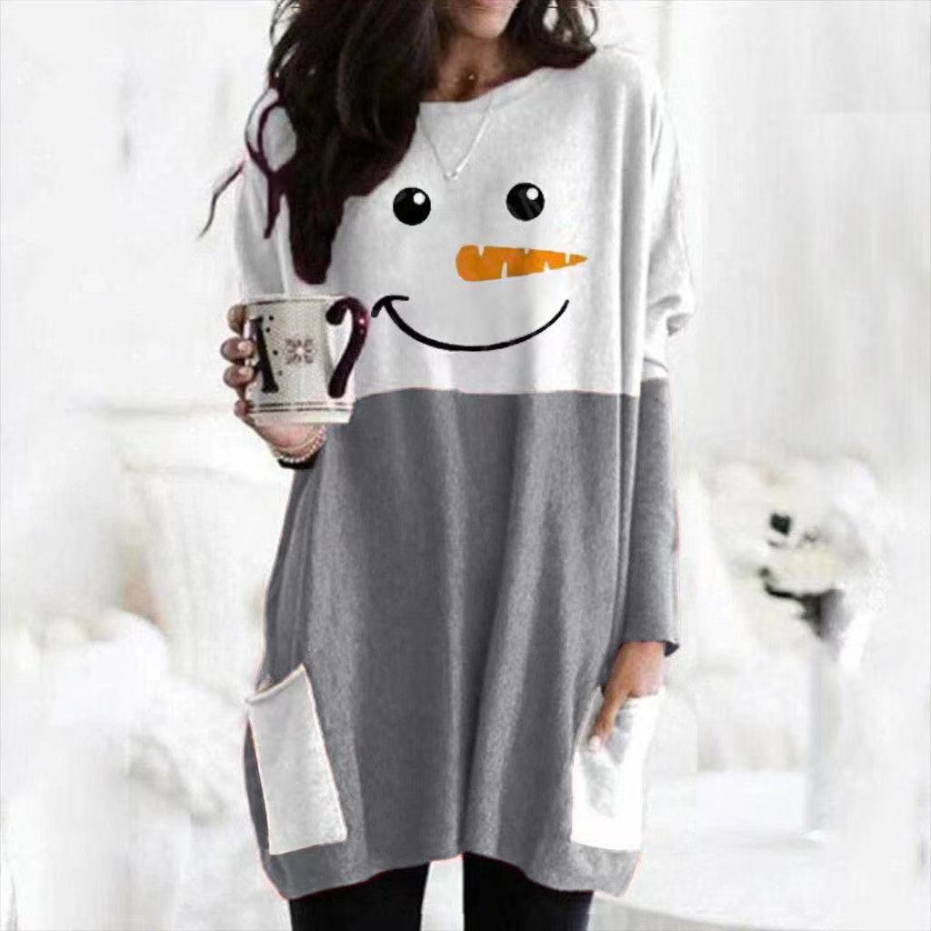 Snowman Print Long-Sleeved T-Shirt Dress for Autumn/Winter 2023