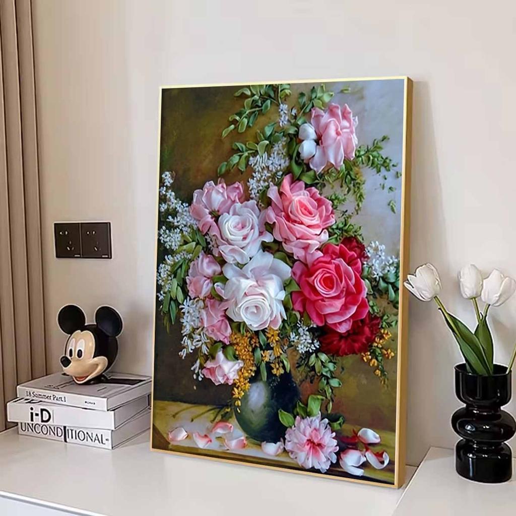 Oil Painting Style Flower Diamond Art Set, 5D DIY Full Diamond Cross Stitch Crafts and Crafts Decorative Wall Mural Ornaments