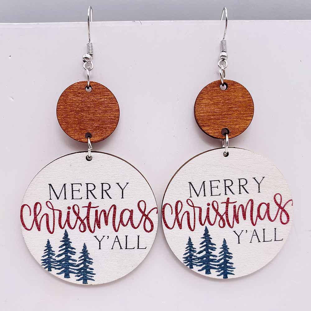 Retro Wooden Christmas Earrings: Geometric Patchwork with Snowman, Tree, and Snow Designs
