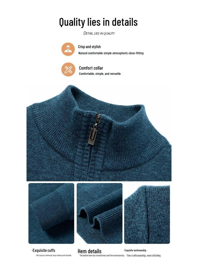 Men's Middle-Aged Casual Zipper Stand Collar Thickened Plus Velvet Base Layer Sweater - 2025 Autumn/Winter Collection