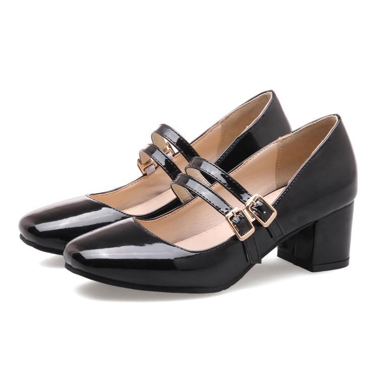 New Belt Buckle Shallow Spring and Autumn Single Shoes Thick Heel Medium Heel Professional Shoes