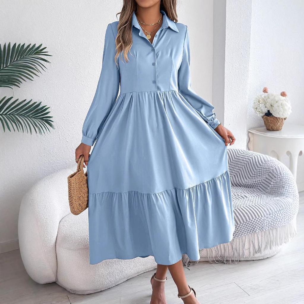 Vestido Camisa Largo Casual Holgado de Manga Larga con Cuello y Volantes para Otoño e Invierno