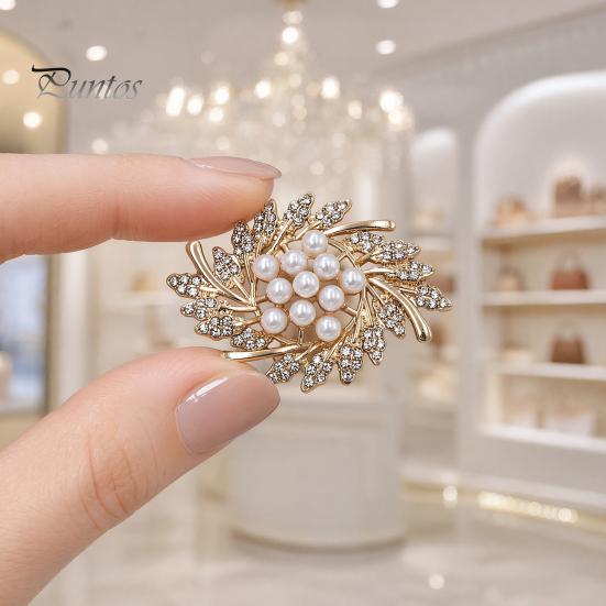 Solid Metal Brooch Flower Branch Brooch, Retro Leaf Design Lapel Pin with Faux Sturdy Jewelry Pearls, Electroplating Anti-Oxidation Badge for