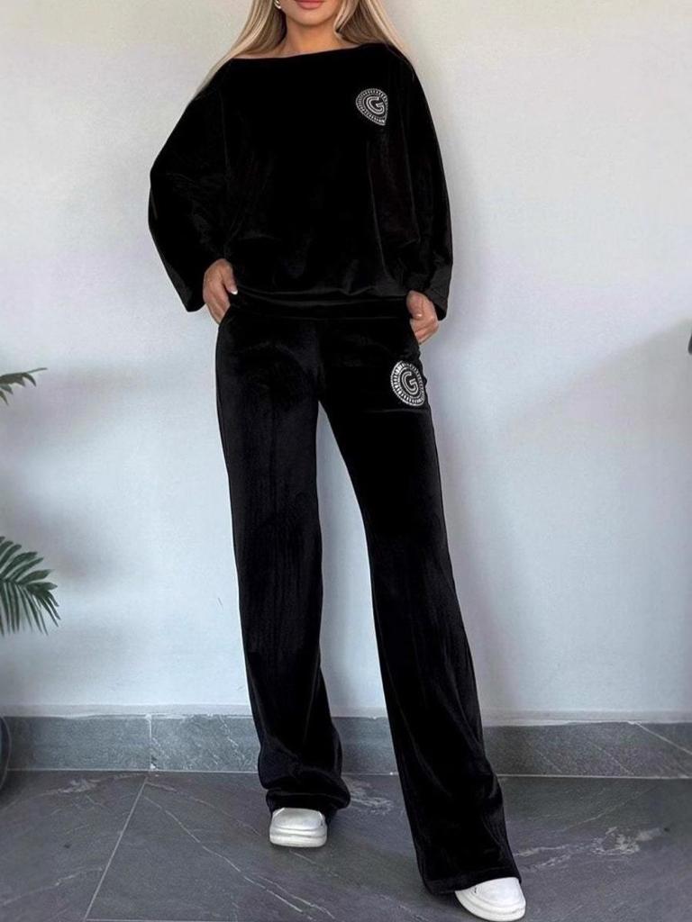 2024 Trendy Dames Goud Fluweel Vleermuismouw Tweedelige Set - Herfst/Lente