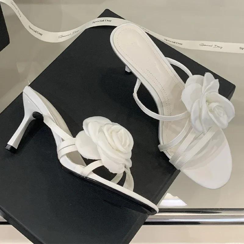 

Fashion Elegant Flower Narrow Band Design Brand Women Slippers Summer Open Toe Sexy Thin Heel Slide Sandals Comfortable Satin Party Shoe 39 абрикосовый