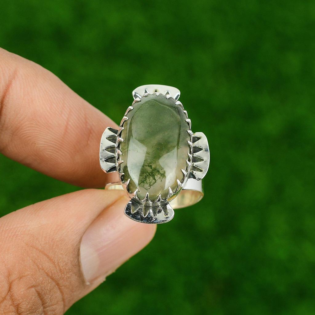 925 Sterling Silver Natural Solar Moss Agate Wife Solitaire Ring Jewelry US 6.5