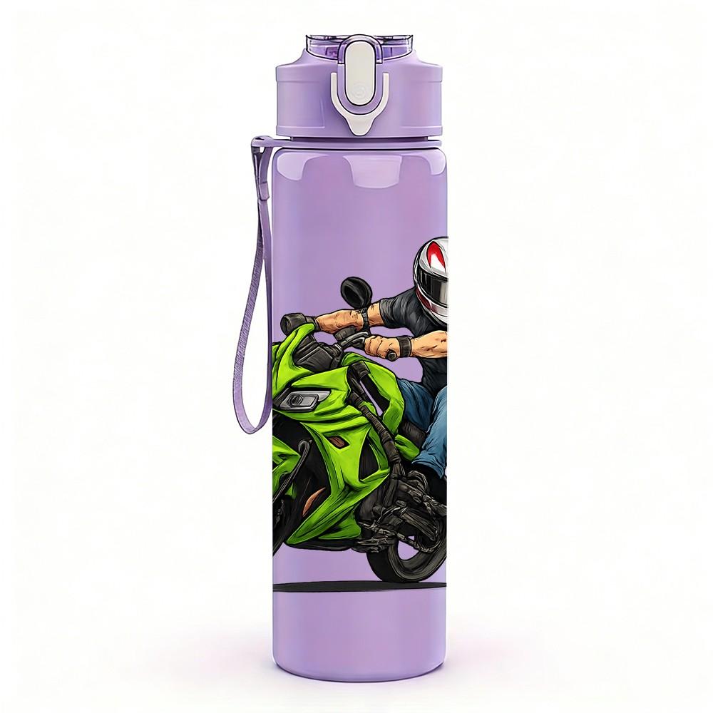 1PC Motorcycle Rider Motorbike Pattern 750ml Color Plastic Sports Water Bottle Leakproof Flip Straw Lid Suitable for Sports Office Home Use