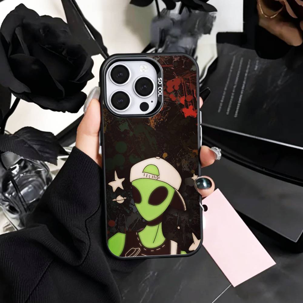 Cool C-Cartoon Alien Space   Phone Case For iPhone17,16,15,14,13,12,11 Plus,Pro Max Colored Silver Plated Inside Cover