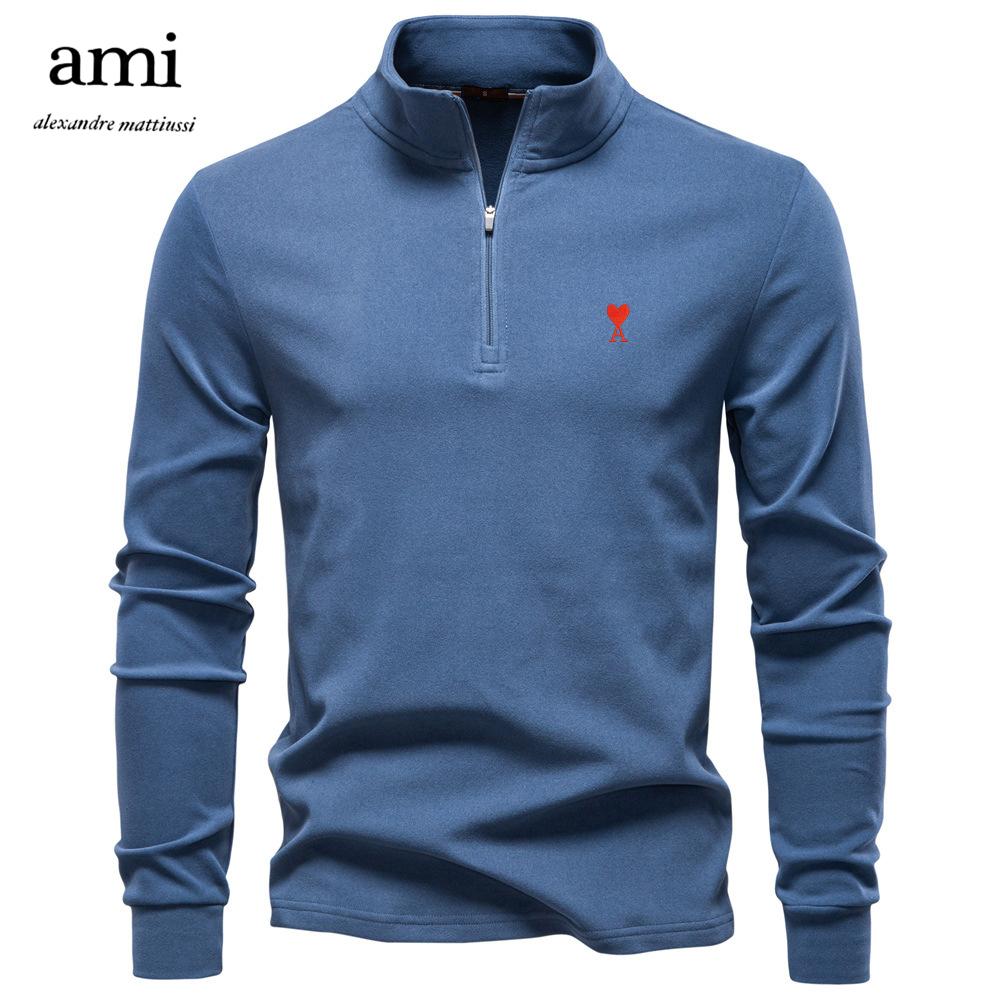 High Street Clothing AMI 2025 Herfst/Winter Geborduurde Nieuwe Grote Heren Opstaande Kraag Halve Rits Lange Mouw Duits Velours Warme Basis Trui XL