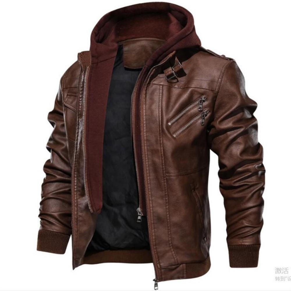Men's Leather Retro Motorcycle PU Leather Jacket Autumn and Winter Removable Men's Hooded Jacket