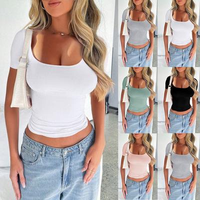 Damen Sommer Kurzarm T-Shirt Top Rundhals Kurzarm Slim T-Shirts Lässige Crop Tops