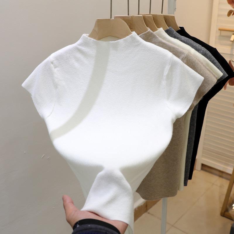 Women's Slim Fit Knitted White Top - Summer 2025 Short Sleeve Half High Neck Tee