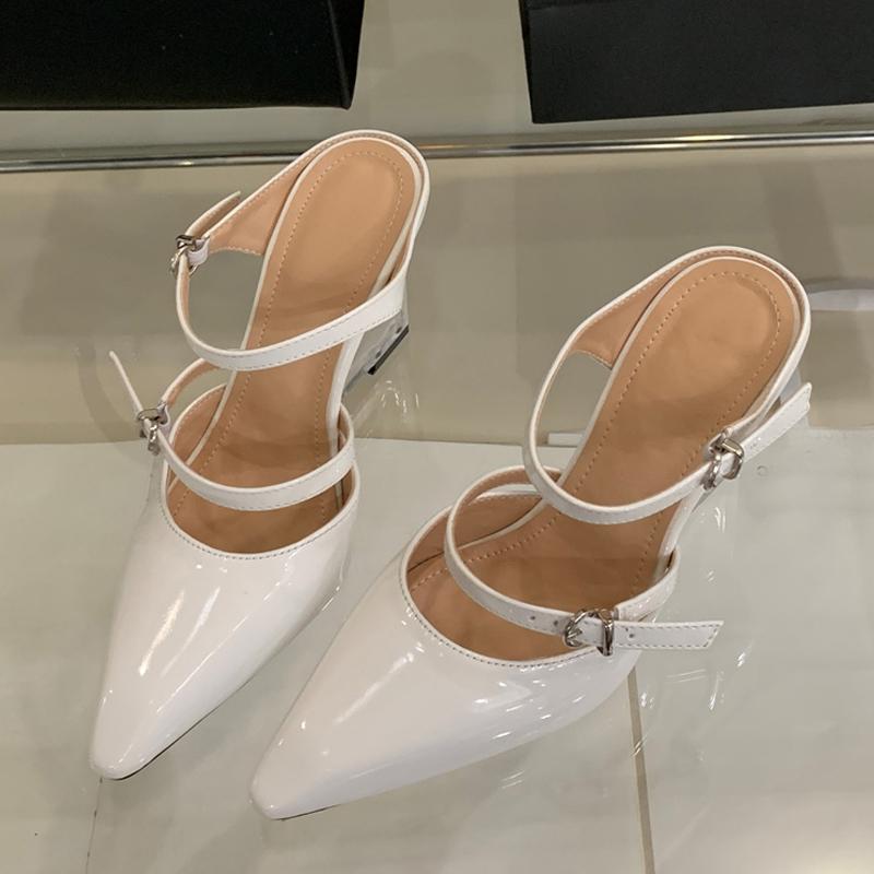 New Fashion Transparent Wedge Slippers Women Pumps Patent Leather Pointed Toe Buckle Strap Designer High Heels Mules Shoes