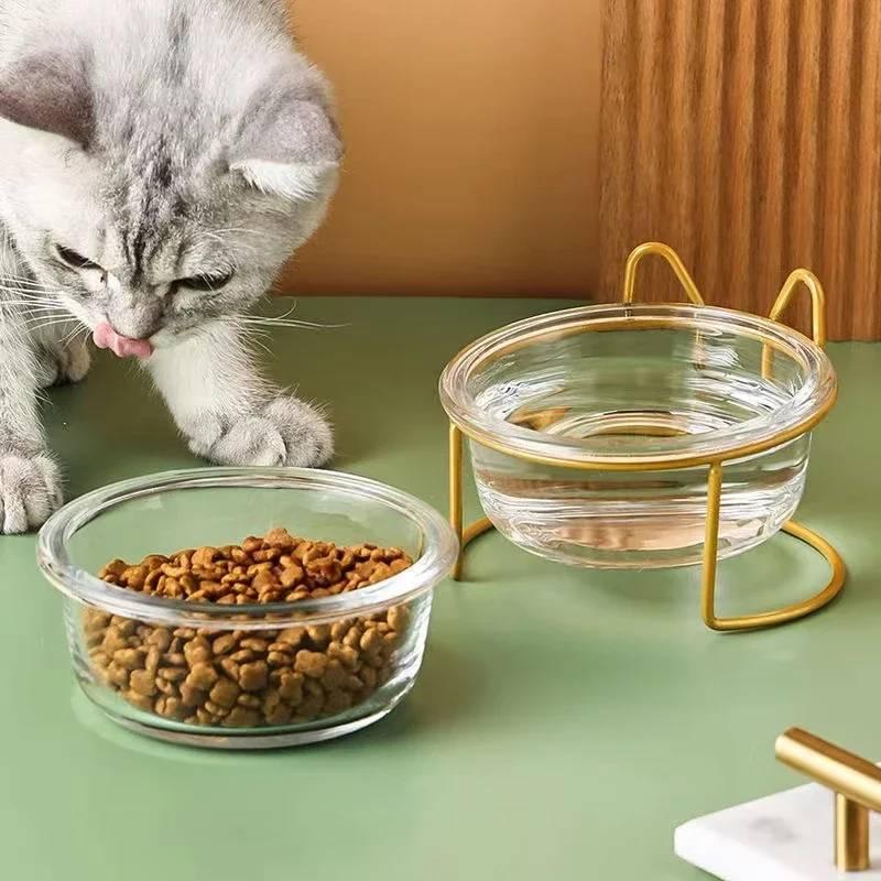 Glass Cat Dog Bowl Puppy Food Bowl With Iron Frame Gold Stand Raised Water Feeder Bowl Pet Supplies Accessories