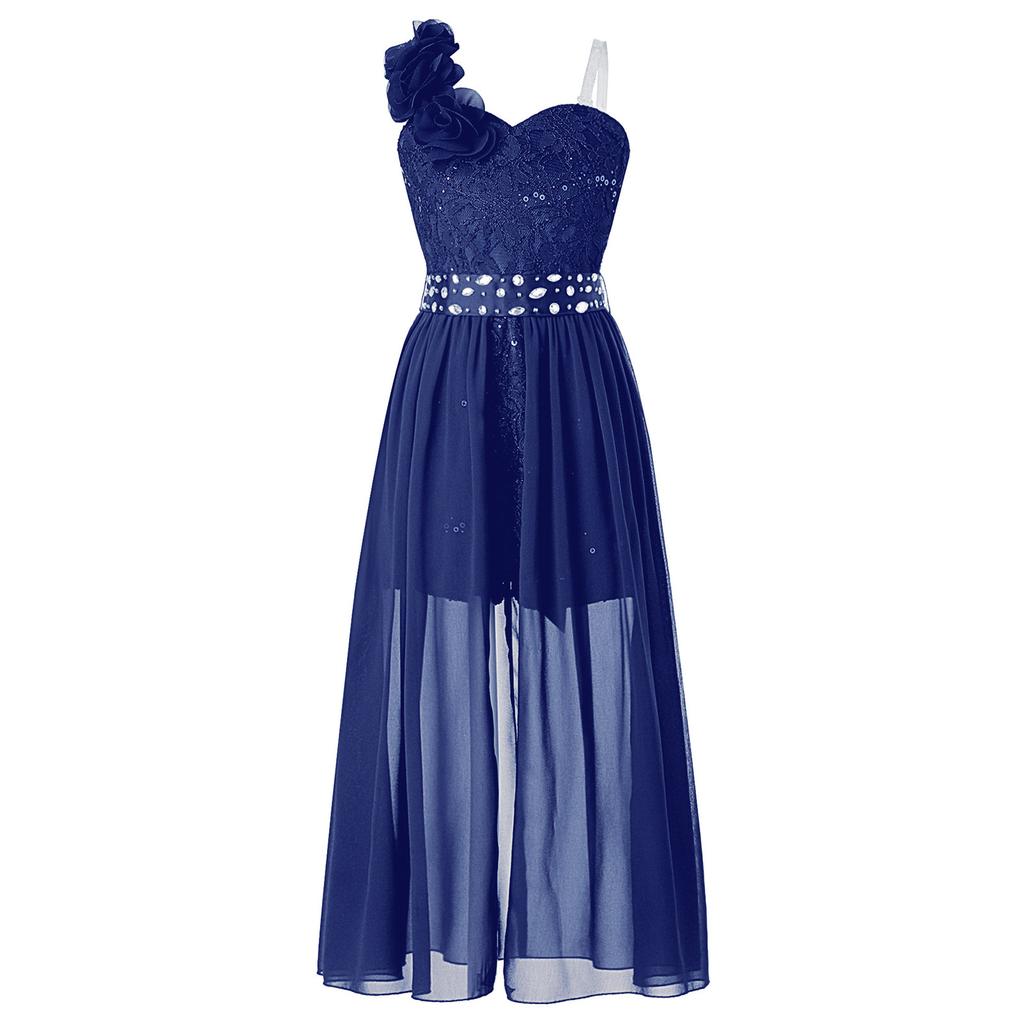 Vestito da Festa con Applicazione Brillante di Perline per Ragazze Tuta con Pizzo e Paillettes Romper con Sovrapposizione in Chiffon Vestito per Compleanno e Ballo di Fine Anno