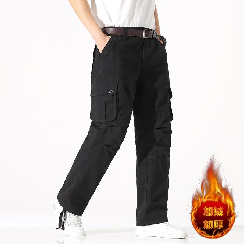 Plush Elastic Waistband Pure Cotton Wear-Resistant Multi Pocket Work Pants Straight Tube Large Pocket Loose And Fat Casual Pants