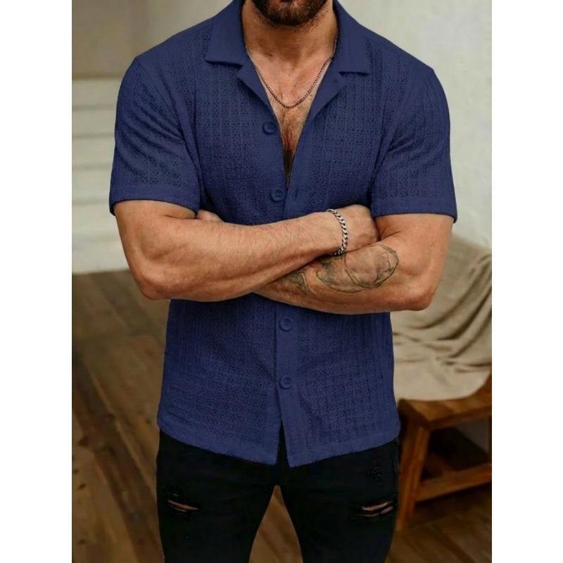 Summer New Solid Color Jacquard Hollow Lapel Shirt Men's Casual Sports Tops