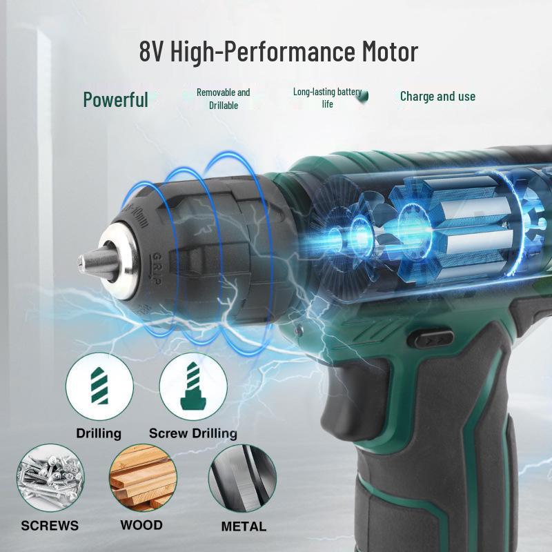 Rechargeable 8V Lithium Electric Handheld Drill Set for Home Repair