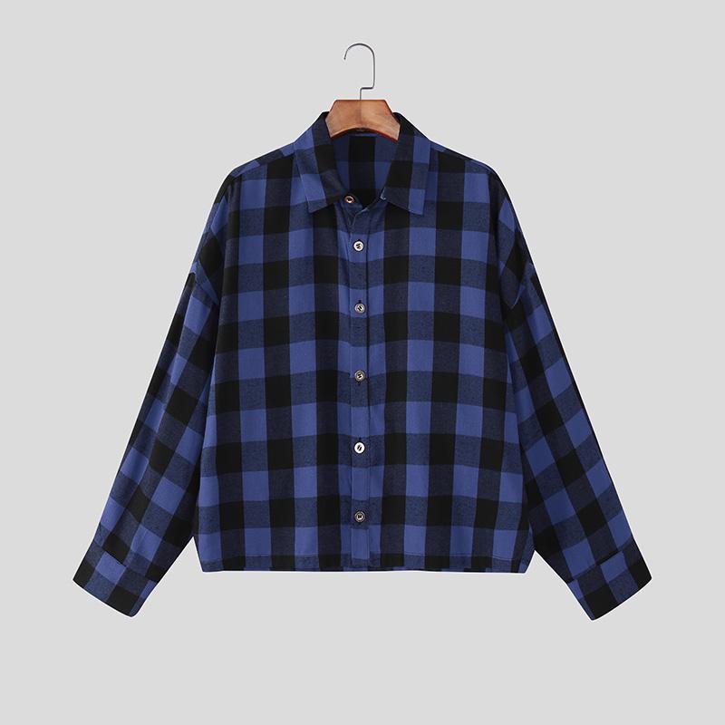 INCERUN S-XXXXXL Men Turn Down Collar Long Sleeve Plaid Loose Casual Shirts