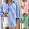 Women Vertical Striped Shirt Lapel Collar Chest Pocket Roll Up Sleeve Loose Fit Casual Summer Beach Vacation Blouse Tops