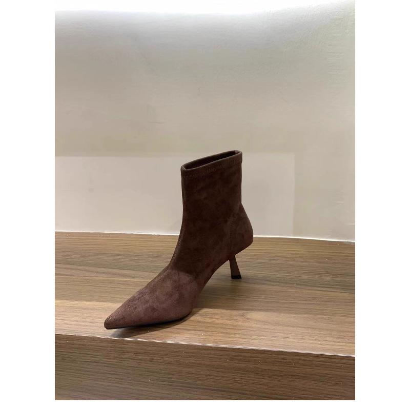 

Корейские маленькие голые ботинки 2025 осень и зима новые одинарные ботинки высокий каблук острый носок замшевые хаки тонкие ботинки короткие ботинки женская обувь 39 коричневый