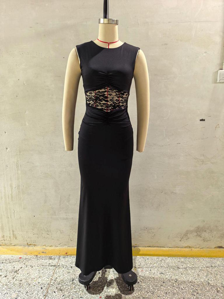 European-Style Spring Fashion Lace Patchwork Backless Sleeveless Long Dress