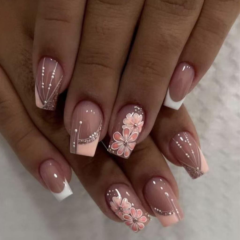 24pcs French False Nails Pink Flowers Short Coffin Fake Nail Tips for Girl Wearable Sweet Korean Simple Nude Pink Press On Nails