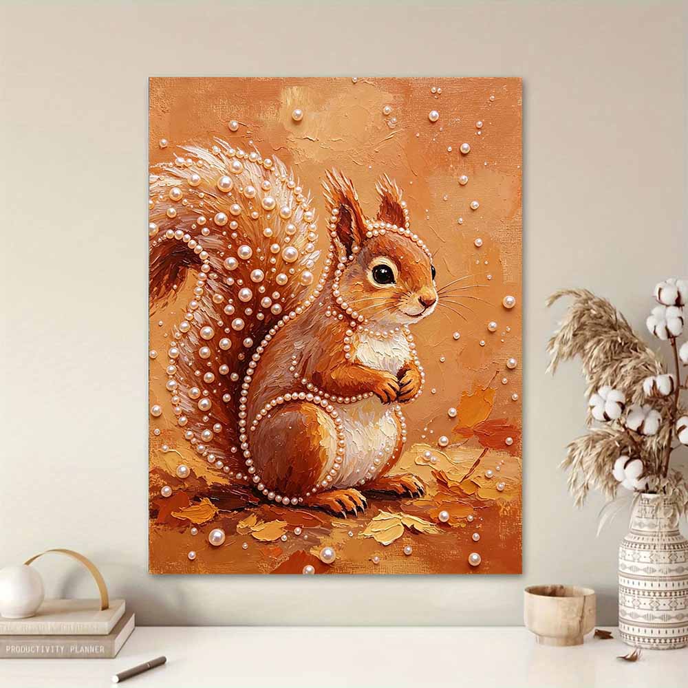 Cute Squirrel Autumn Leaf 5D Pearl Painting Kit with Frame DIY Sparkling Bead Canvas Art Relaxing Craft for Home Wall Room Decor