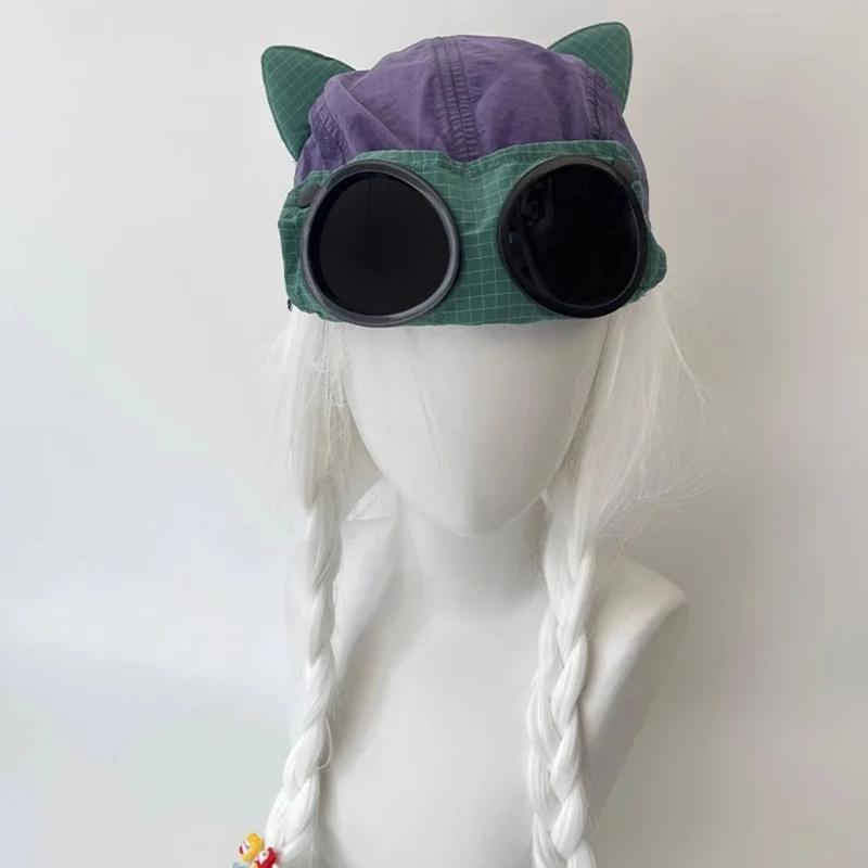 Modern Cats Ears Sun Caps with Sunglasses Breathable Sun Protective Headwear Snapbacks Hat For Outdoor Adventures
