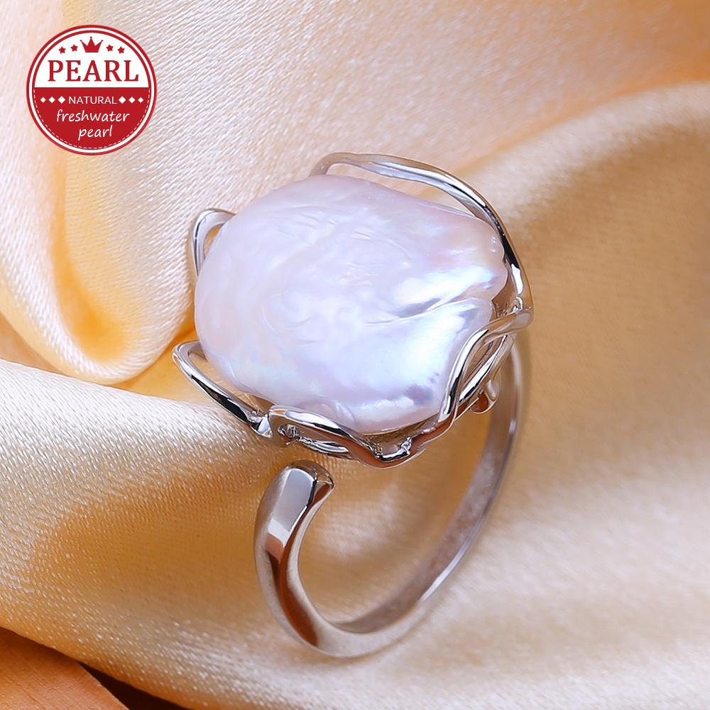

LSOOYH Natural Freshwater Big Baroque Pearl Rings For Women Classic Silver Color Wedding Ring Birthday Gifts Wholesale adjustable білий