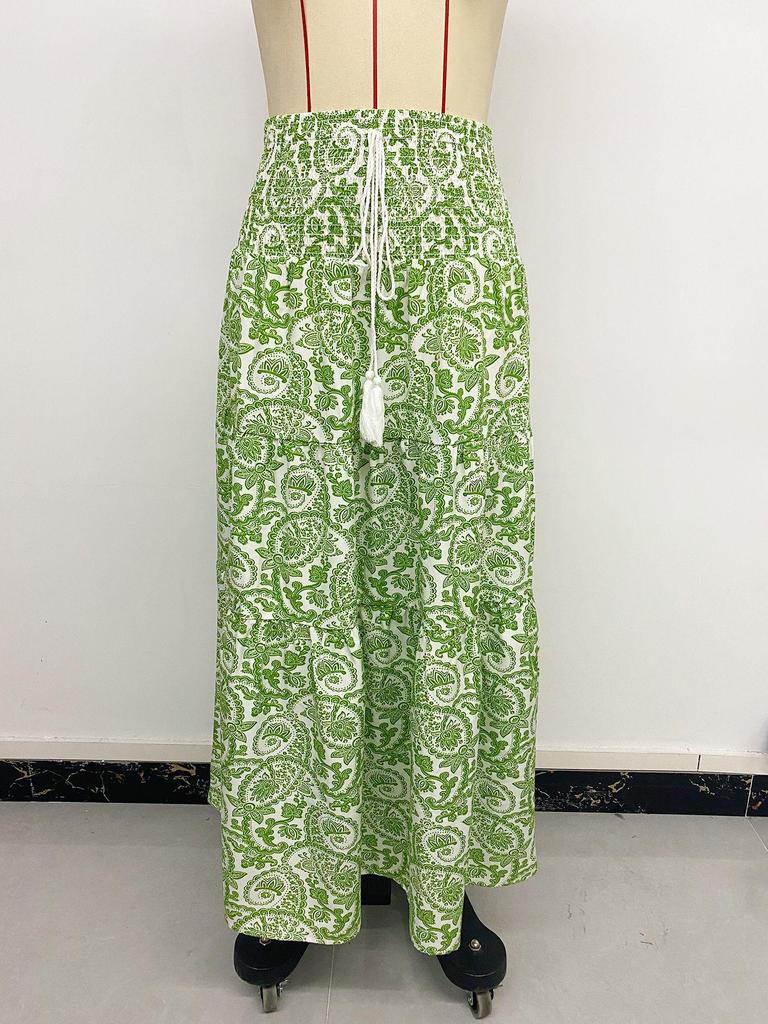 2026 Summer Boho Paisley Print Long Skirt with Elastic Waist and Tassel Drawstring