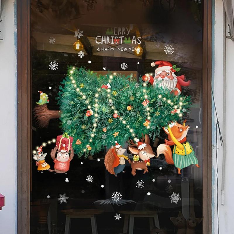 Cartoon Christmas Tree Window Display Glass Decoration Stickers Home Party Holiday Removable Self-adhesive Static Wall Sticker