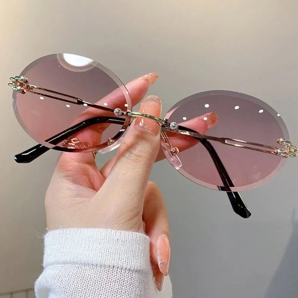 Fashion Vintage Cat Eye Metal Frame Rimless Sunglasses Retro Women Gradient Multicolor Women Outdoor Travel Sun Glasses
