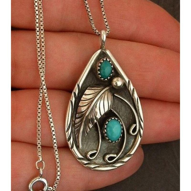 Inlaid Turquoise Retro Dyed Black Feather Pendant, European and American Plated Engagement Necklace серебряный