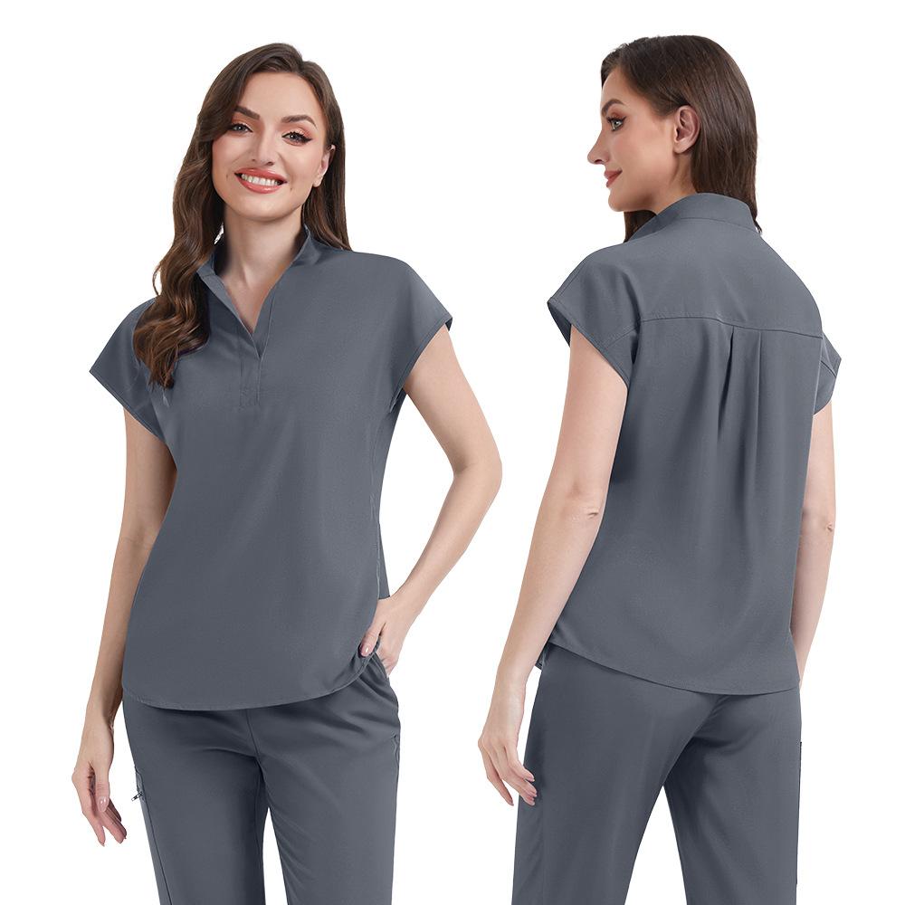 Women's Loose and Comfortable V-neck Short Sleeved Workwear with Multiple Pockets and Beauty Suit Set