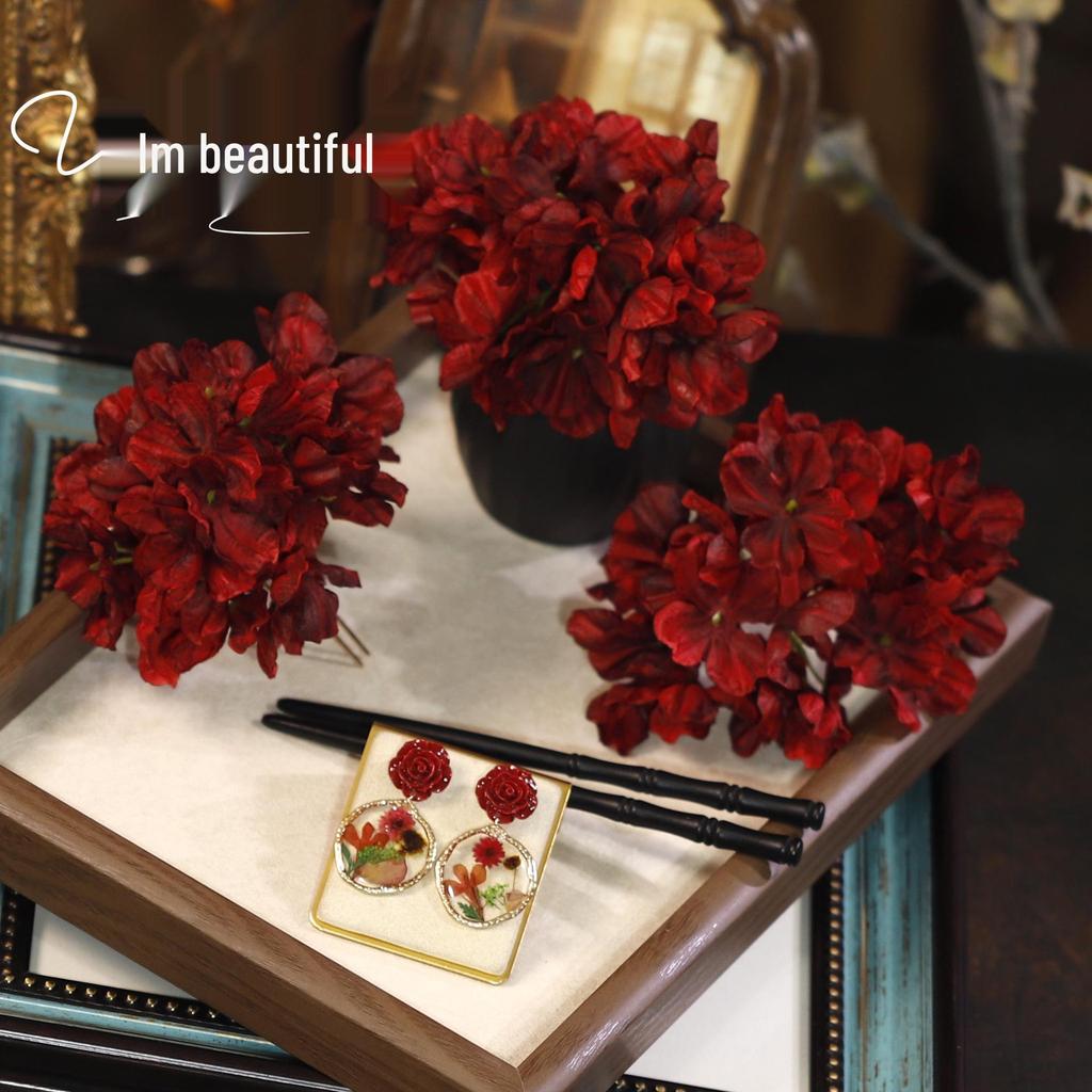 Retro Wine Red Fabric Flower Bridal Hairpin - Classical Chinese Style Headpiece