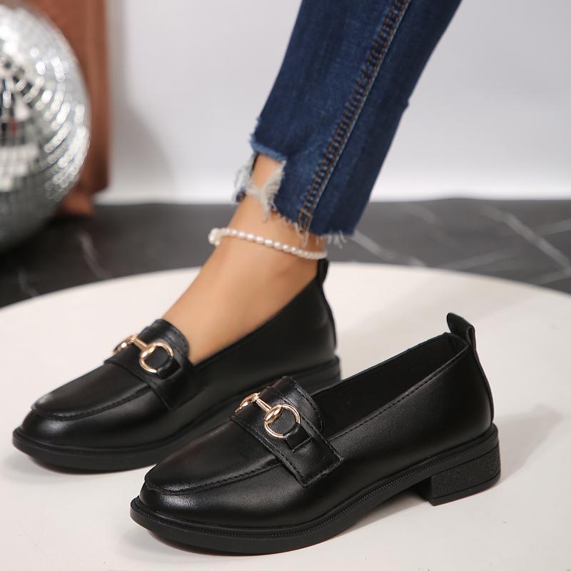 2024 Spring/Autumn Women’s Leather Shoes British Style Metal Chain Black Mary Jane Low Heels Ladies Casual Loafers Plus Size 43