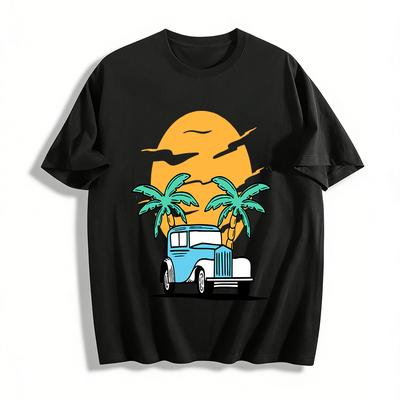 Vintage Classic Car Coconut Tree Sunset Print Casual T-Shirt Pure Cotton T-shirt