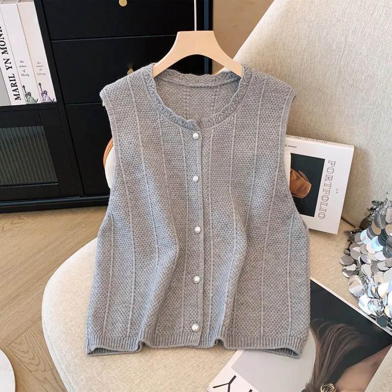 Vest for Women Cotton Autumn Sleeveless Tops Knitted Sweater Solid Color Lace Casual Vest Coat
