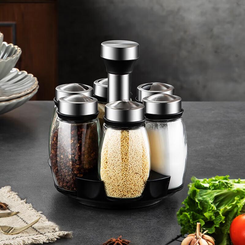 Mei Chu 7-Piece Glass Spice Jar Set with Stand