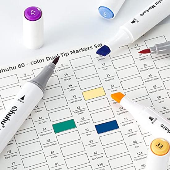 Markery artystyczne Ohuhu 60 sztuk w 59 kolorach z pędzelkiem, akwarelowe, idealne do kolorowania obrazków, z etui do przechowywania. Markery na bazie wody, Kolory, Końcówka, Marker, Na bazie wody